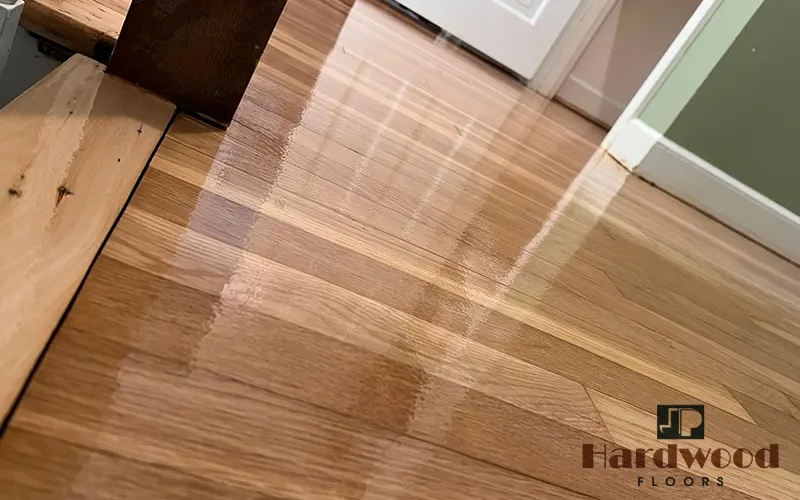 Close-up of wet high-gloss polyurethane clear coat being applied to a natural oak floor by JP Hardwood Flooring.